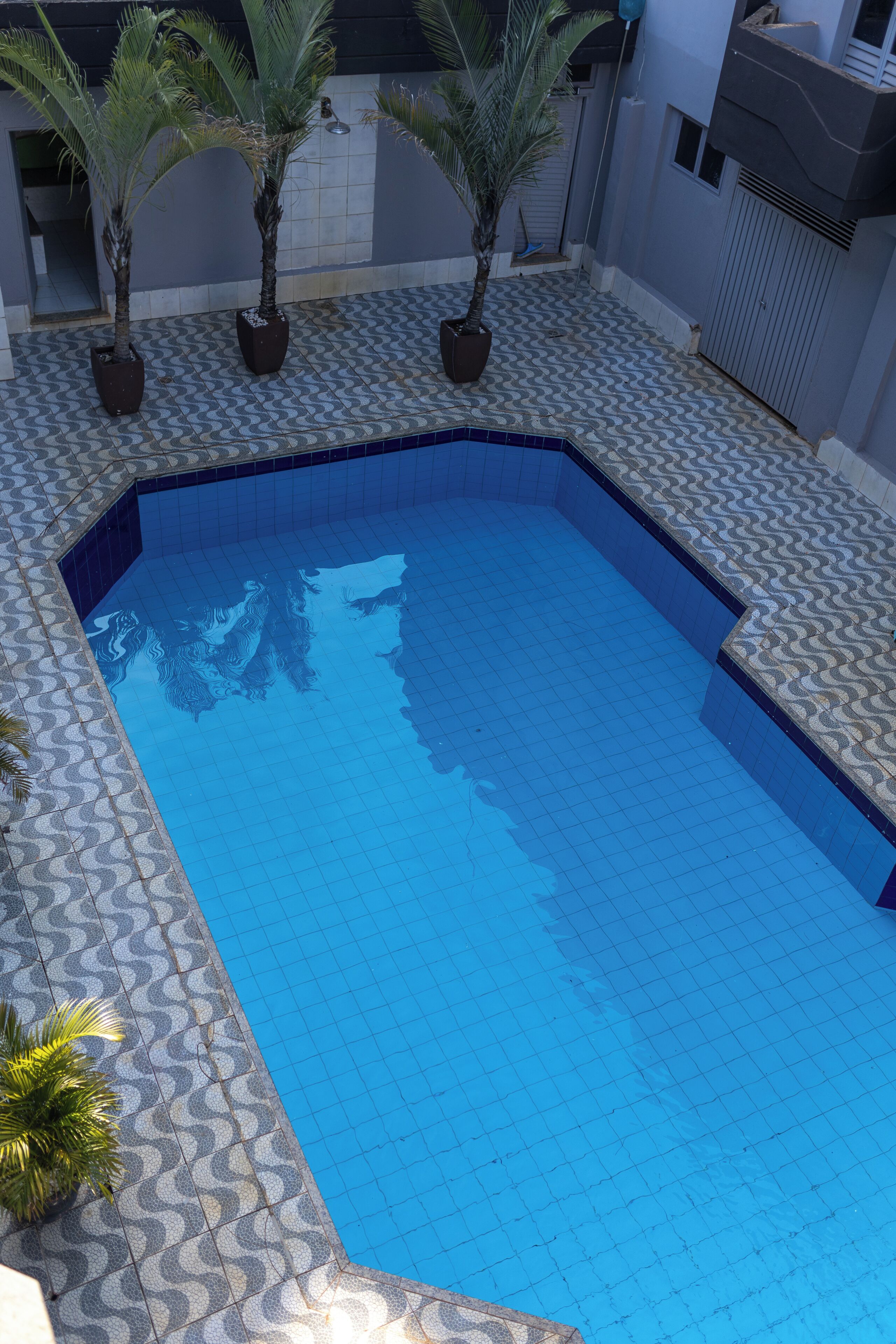 A rectangular swimming pool with a tiled edge and a patterned floor around it.