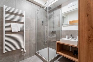 Shower, hair dryer, towels, toilet paper