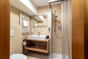 Shower, hair dryer, towels, toilet paper