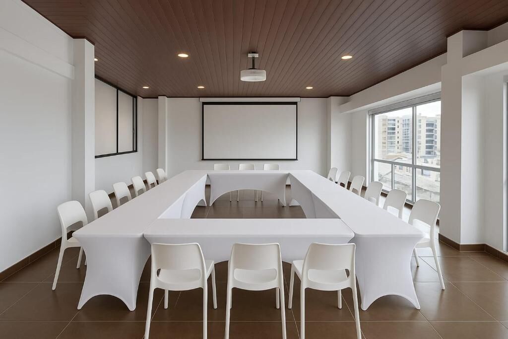 A conference room with a long table and chairs, large windows, and a wooden ceiling.