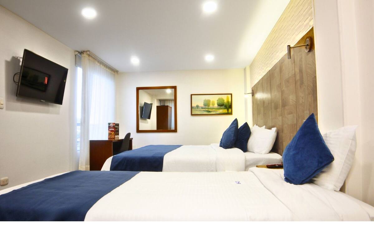 A hotel room with two beds, a TV, a mirror, and a painting on the wall.