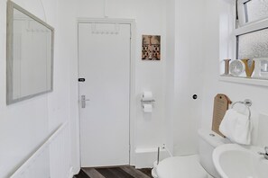 Hair dryer, towels, soap, toilet paper