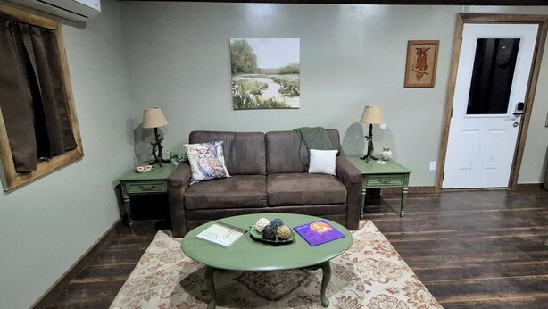 A living room with a brown sofa, a green coffee table, a patterned rug, and a painting on the wall. - Owl's Nest, a rustic tiny house located 3.5 miles off I-65 in Evergreen, Alabama (Evergreen)