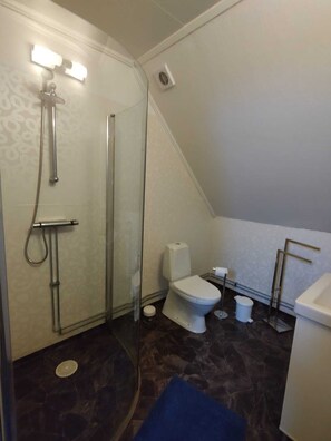 A bathroom with a shower, toilet, and sink. - Villa Stolle (Hammarstrand)