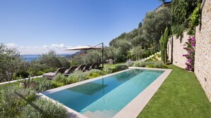 A rectangular swimming pool with a clear blue water surface, surrounded by well-maintained grass and various plants.