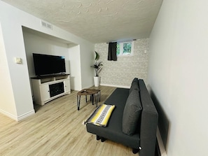 Smart TV, chimenea y libros