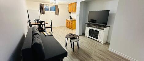 Smart TV, fireplace, books