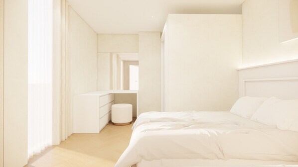 A minimalist bedroom with a bed, a bedside table, and a mirror.