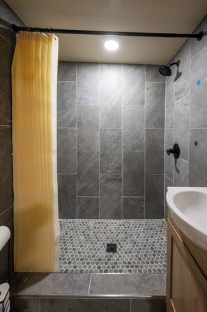 Hair dryer, towels, soap, toilet paper