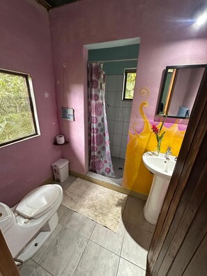 Douche, serviettes fournies, savon, papier toilette