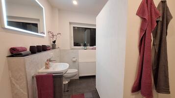 Shower, hair dryer, towels, soap