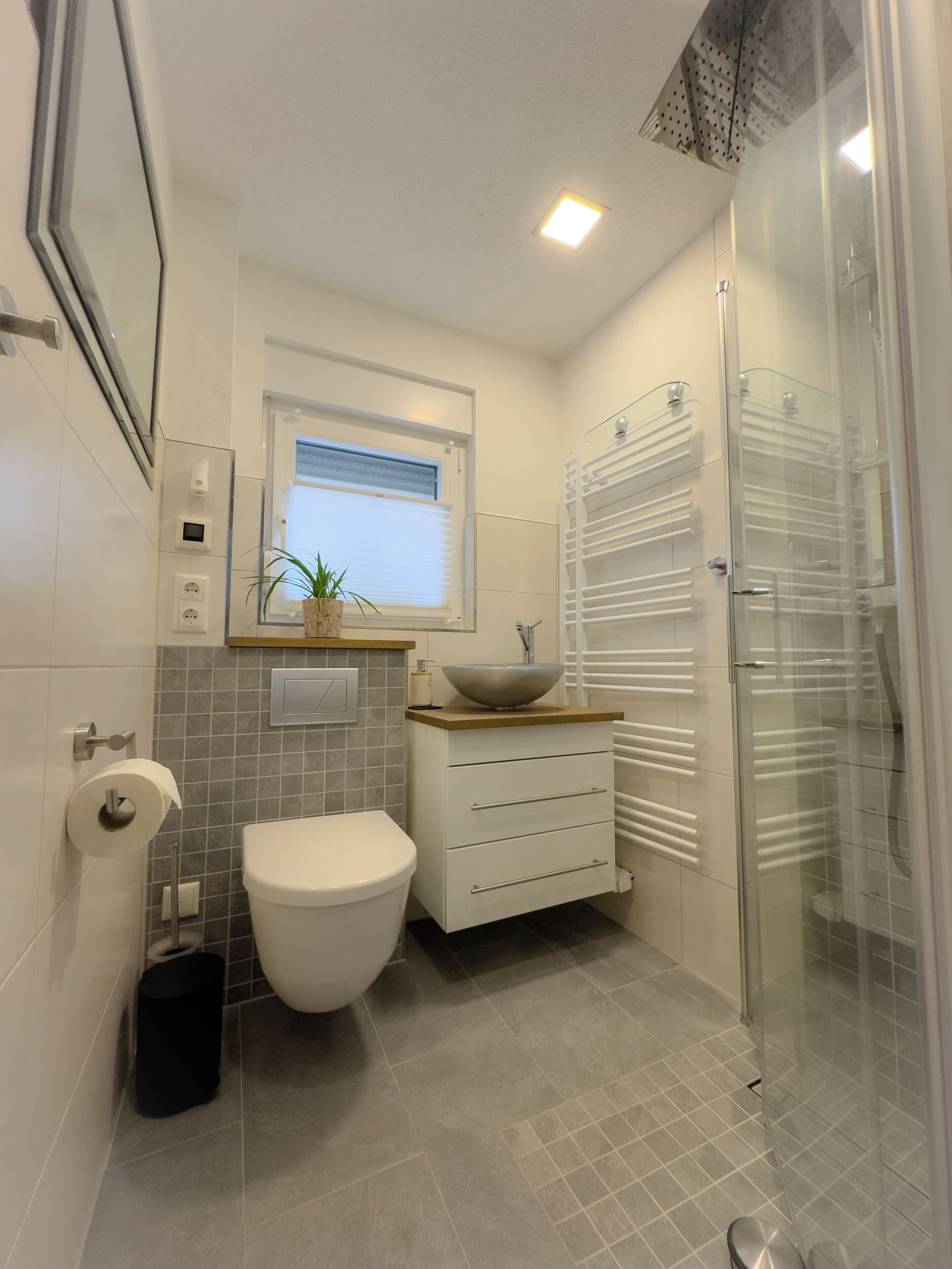 A modern bathroom with a toilet, sink, and glass shower enclosure.