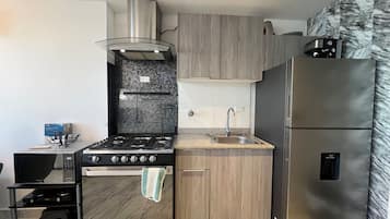 Comfort Apartment | Private kitchen | Full-size fridge, microwave, coffee/tea maker, electric kettle