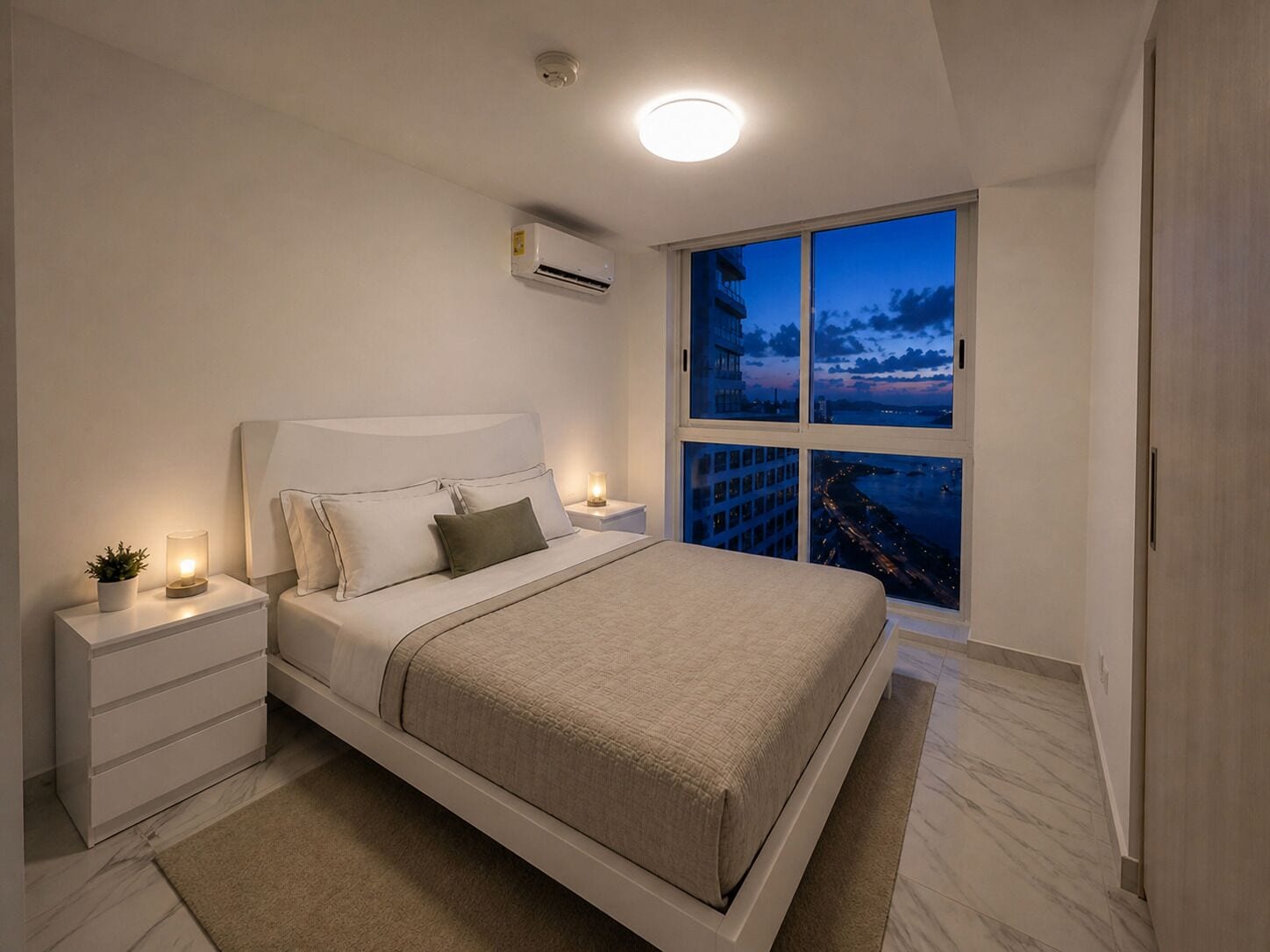 Quarto moderno com uma cama grande, mesas de cabeceira, um criado-mudo com abajur, ar condicionado e uma janela com vista para a cidade.