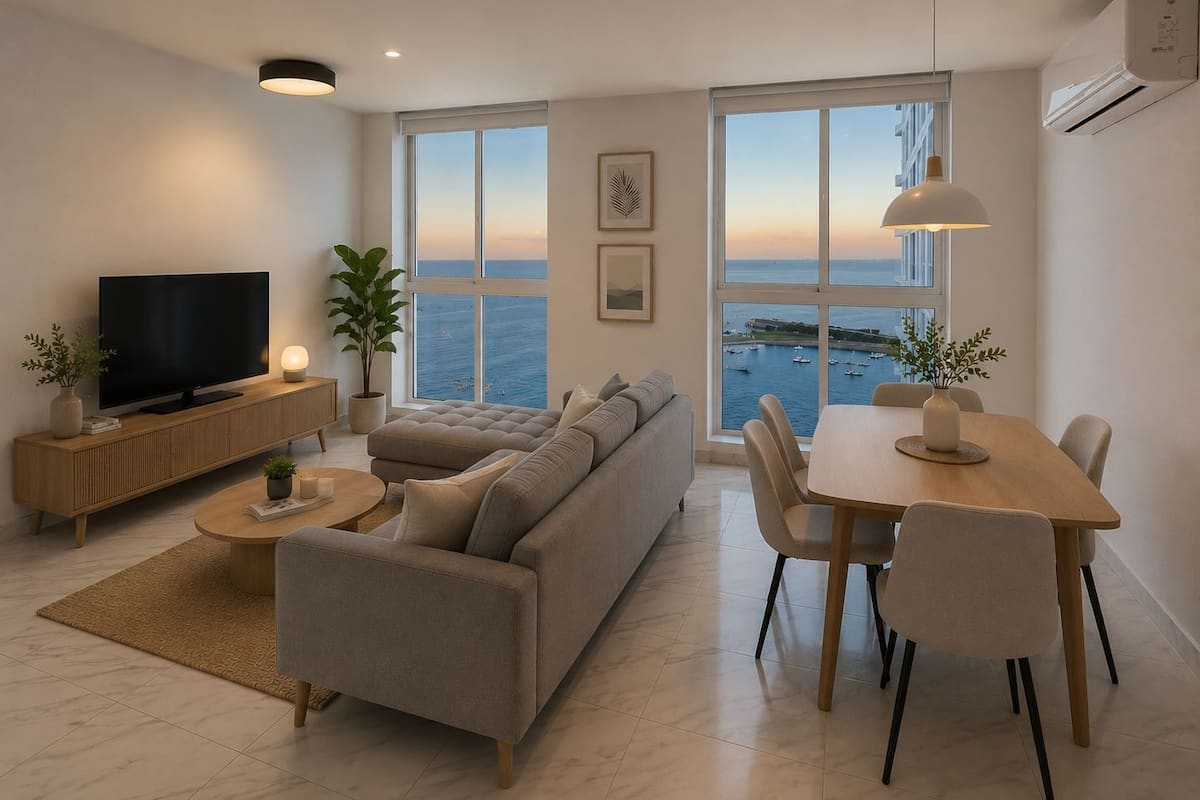Una sala moderna con televisor, sofá, mesa de comedor, sillas y ventanas amplias con vista al mar.
