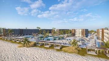 Quarto casal superluxo, sacada, vista parcial para o mar | Piscina | 6 piscinas externas, barracas de cortesia, espreguiçadeiras