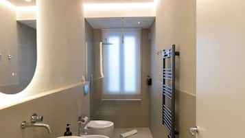 Shower, hair dryer, bidet, towels