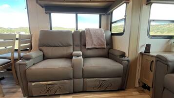 Smart TV, fireplace, books, stereo