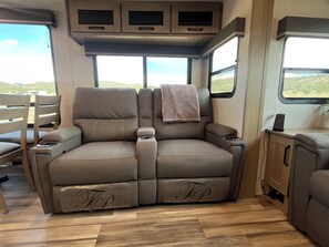 Smart TV, fireplace, books, stereo