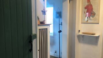 Una habitació amb un terra de fusta, una catifa a ratlles, un taulell blanc, una porta verda i un quadre a la paret.
