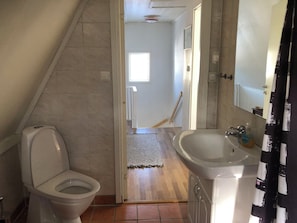 A bathroom with a toilet, sink, and a mirror.