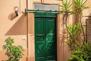 Une porte verte avec une petite fenêtre au-dessus, un luminaire fixé au mur et une plante sur la droite.