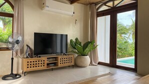 A living room with a flat-screen TV, a standing fan, a wooden entertainment unit, a large potted plant, and a view of a swimming pool through a glass door.