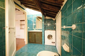 A bathroom with a washing machine, a sink, and a shower.
