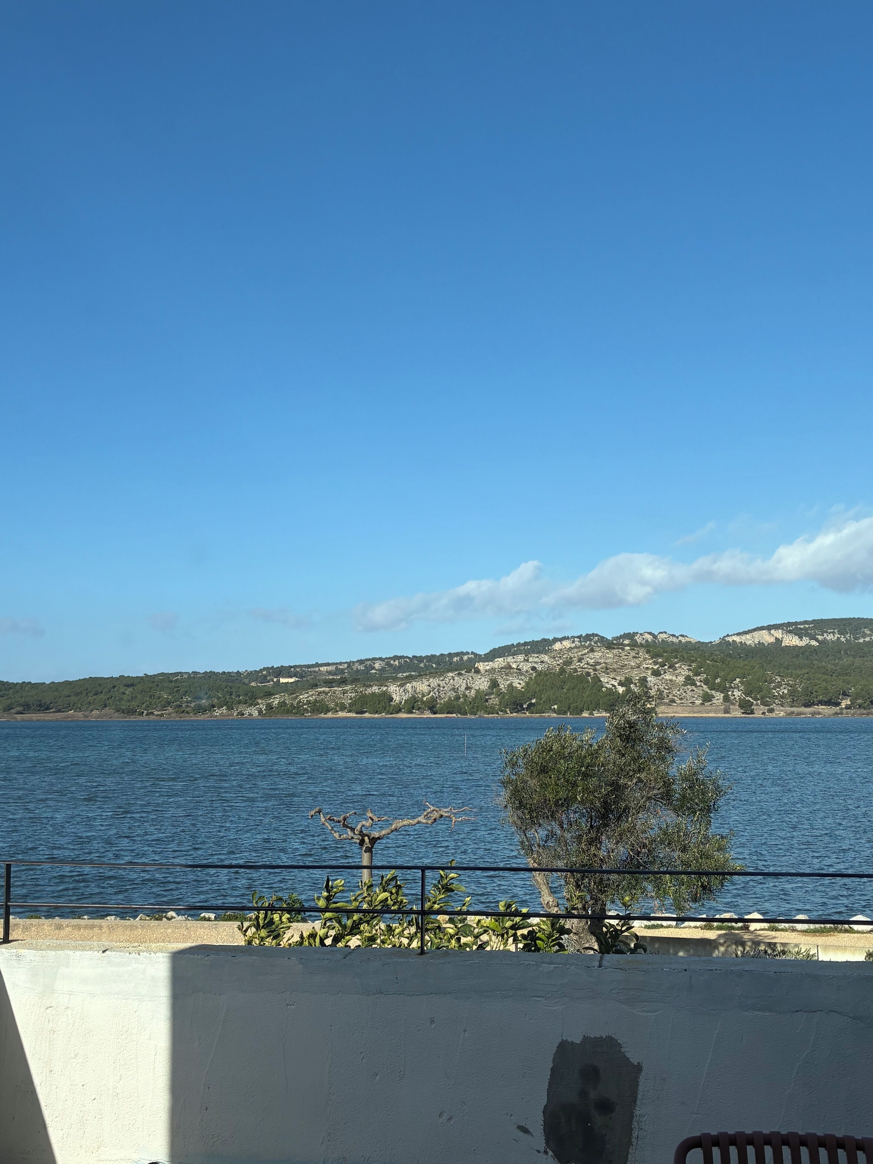 A coastal view with a clear sky, a body of water, and a rocky landscape in the distance.