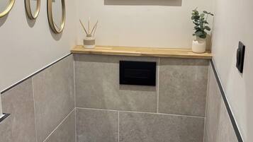 Regadera, toallas, papel de baño