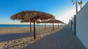 A beach with thatched umbrellas and palm trees. - Sandy Paws 2 Bedroom 2 Bath Ocean Front Encantame Towers C1604 (Puerto Peñasco)