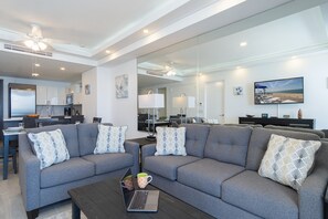 Condo, 1 King Bed with Sofa bed, Balcony, Ocean View (Encantame Towers Velero 1203) | Living area | 42-inch flat-screen TV with digital channels