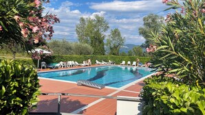 A swimming pool with lounge chairs and a view of trees and hills. - Marciaga, rustic in ancient hamlet (Veneto)