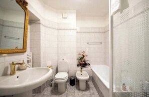 Hair dryer, bidet, towels, soap