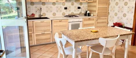 Een microgolfoven, een oven, een kookplaat, een vaatwasser