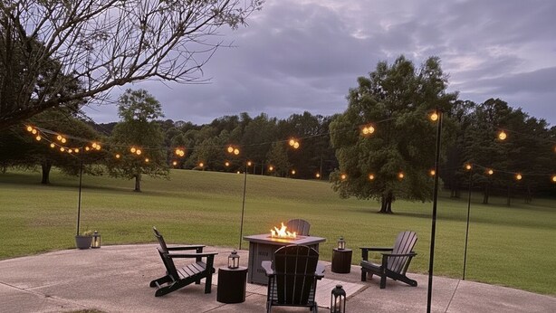 Eine Terrasse im Freien mit Feuerstelle, Stühlen und Lichterketten.