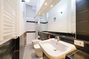 Dusche, Haartrockner, Handtücher, Shampoo