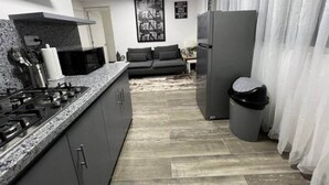 A modern kitchen with a built-in stove, grey cabinets, and a grey refrigerator. There is a grey trash bin and a grey sofa in the background. - The Driftwood Hideaway (Sosúa)