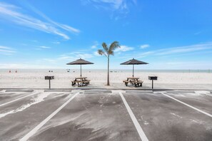 On the beach, sun-loungers, beach towels