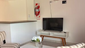 Un salon moderne avec un téléviseur, deux fauteuils à rayures, une table basse ornée d’un vase de fleurs et une console blanche.