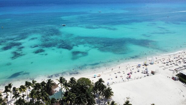 A beach with clear turquoise waters, white sand, and palm trees. - Walk to the beach from your luxury living apartment (Playa del Carmen)