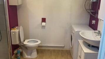 Shower, towels, soap, toilet paper