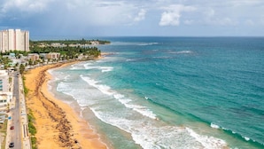 A coastal cityscape with a sandy beach, ocean waves, and high-rise buildings.
