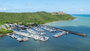 Un port de plaisance où sont amarrés de nombreux bateaux, entouré de collines verdoyantes et sous un ciel dégagé.