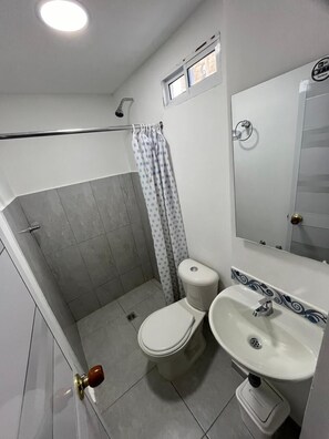 Shower, towels, soap, toilet paper