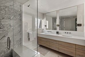 Hair dryer, towels, soap, toilet paper