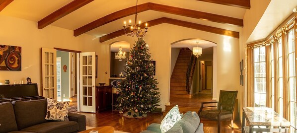 Télévision, cheminée, chaîne hi-fi