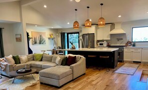 Smart TV, fireplace, books