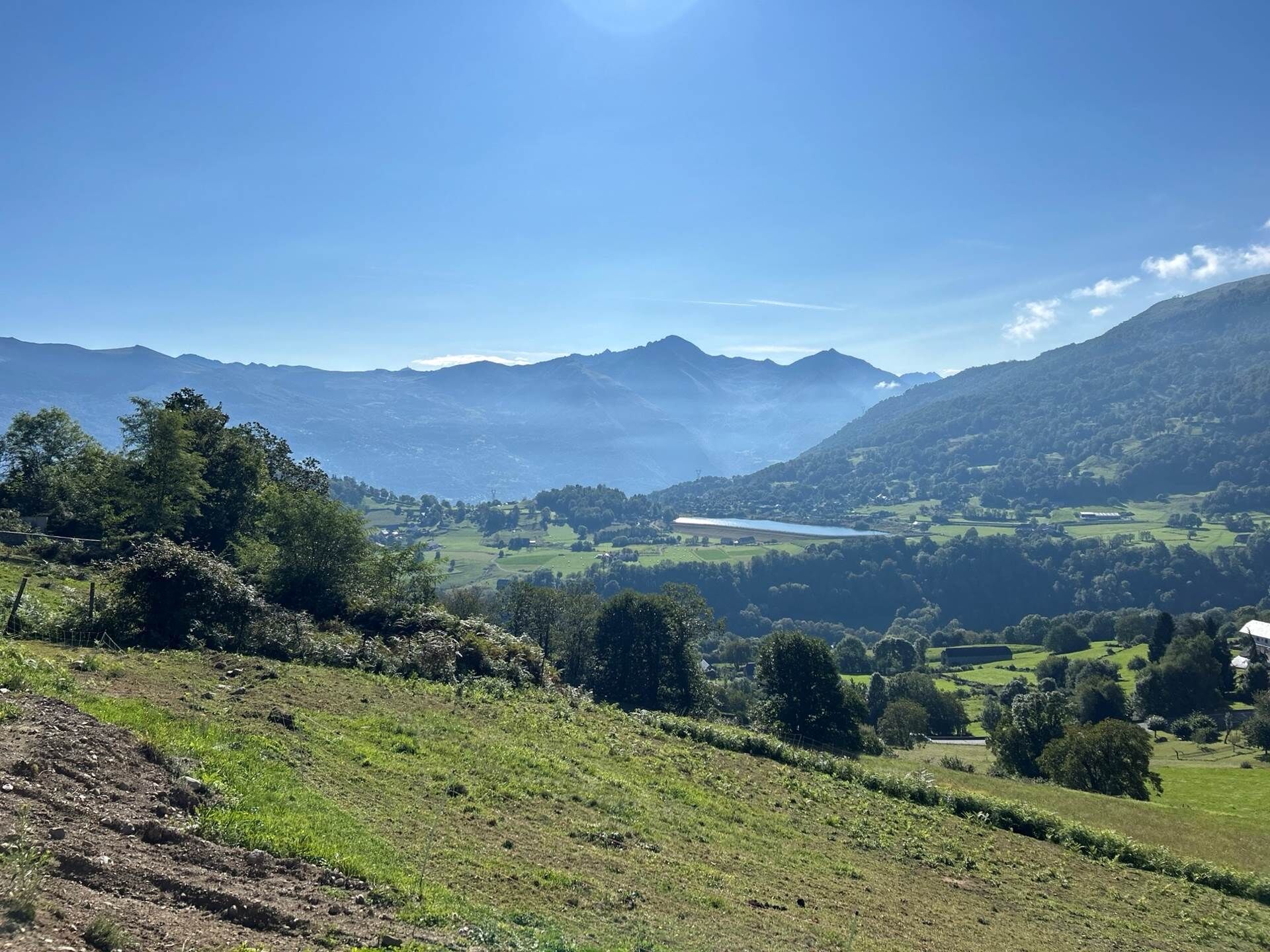 Eine Berglandschaft mit einem See, grünen Feldern und vereinzelten Bäumen.