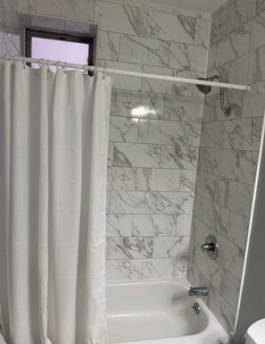 Shower, hair dryer, shampoo